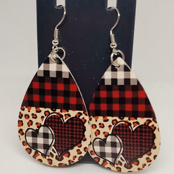 Cheetah earrings teardrop dangle plaid faux leather hearts new d88 - Picture 1 of 1